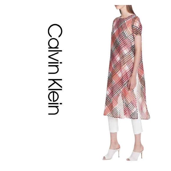 CALVIN KLEIN ABSTRACT CHECK LONG SHEER TUNIC - Picture 3 of 5